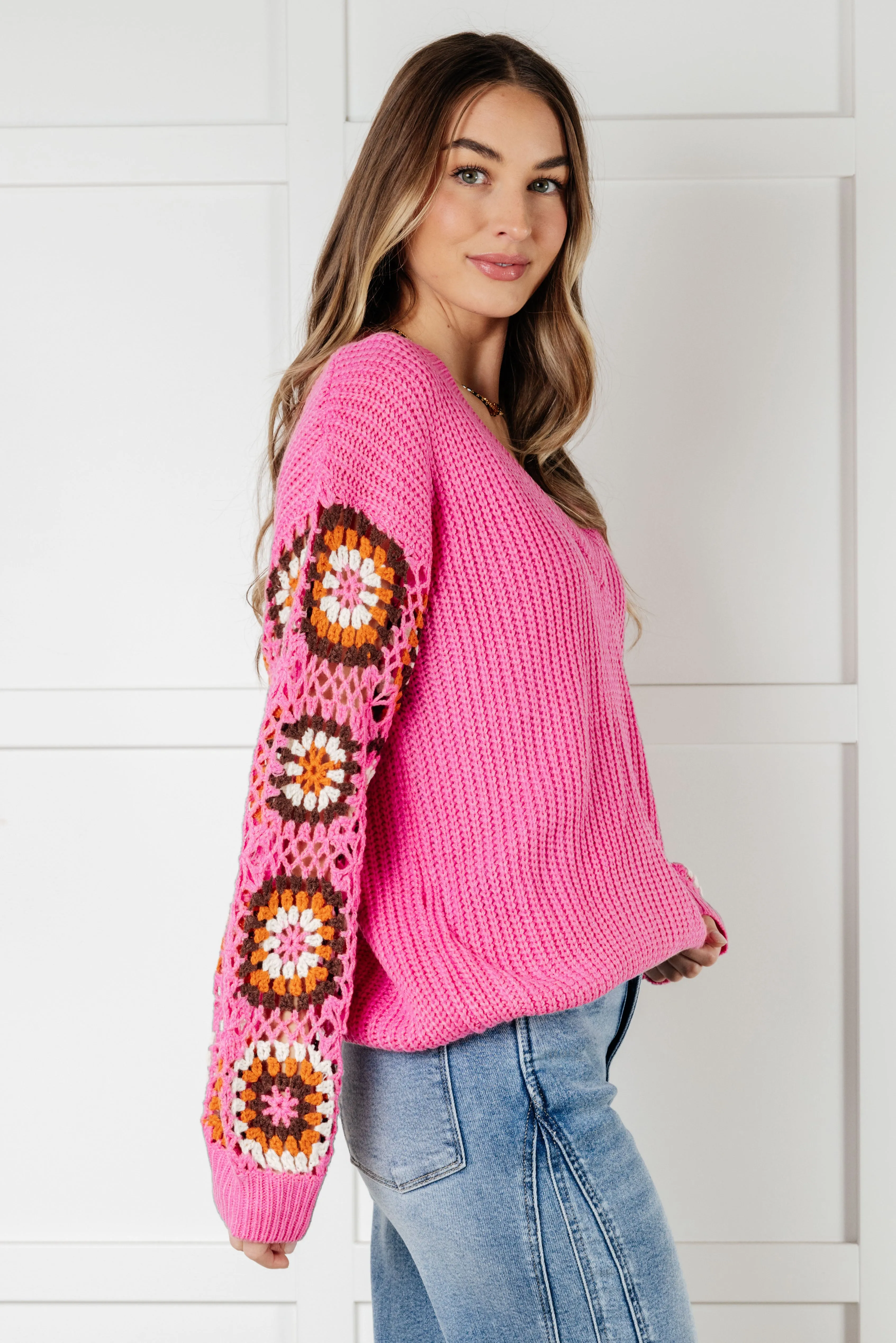 Bibi V-Neck Crochet Sleeve Knit Sweater