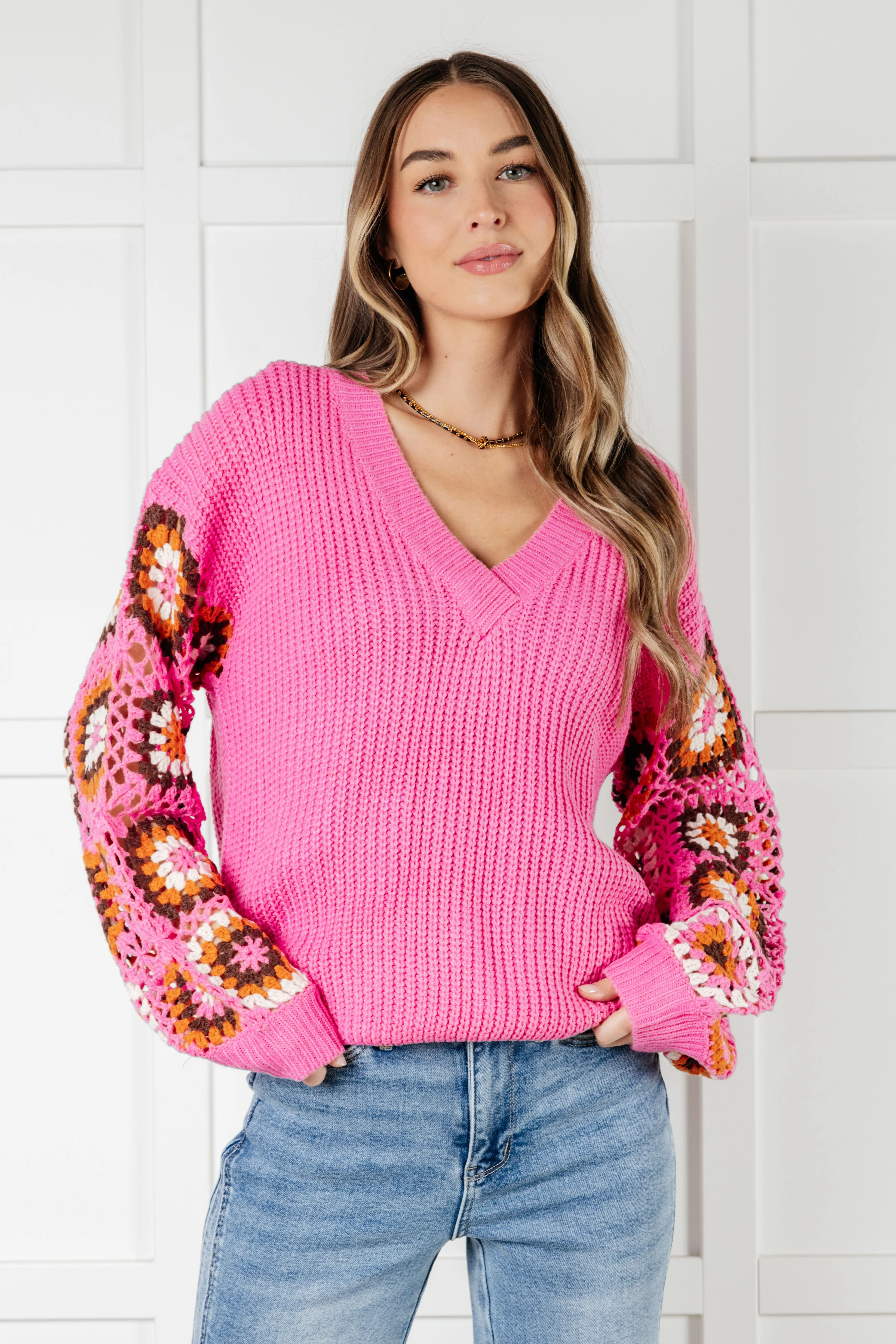 Bibi V-Neck Crochet Sleeve Knit Sweater