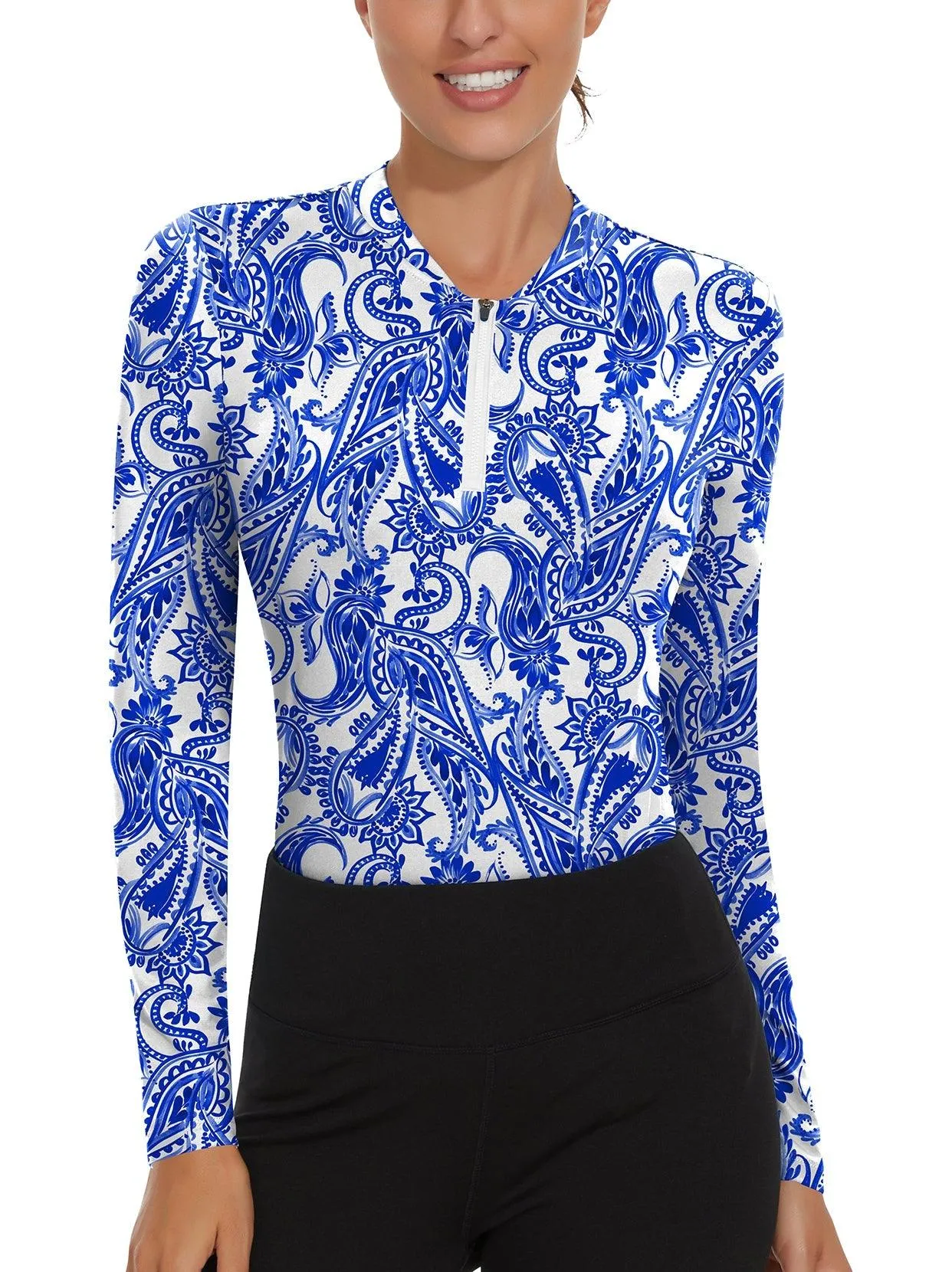 Blue Paisley Quarter-Zip Long-sleeve Golf Shirt for Women