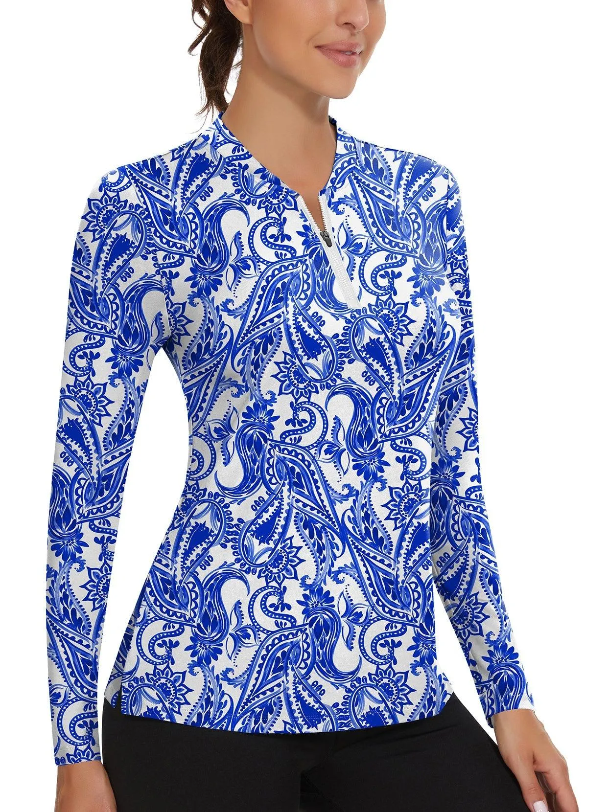 Blue Paisley Quarter-Zip Long-sleeve Golf Shirt for Women