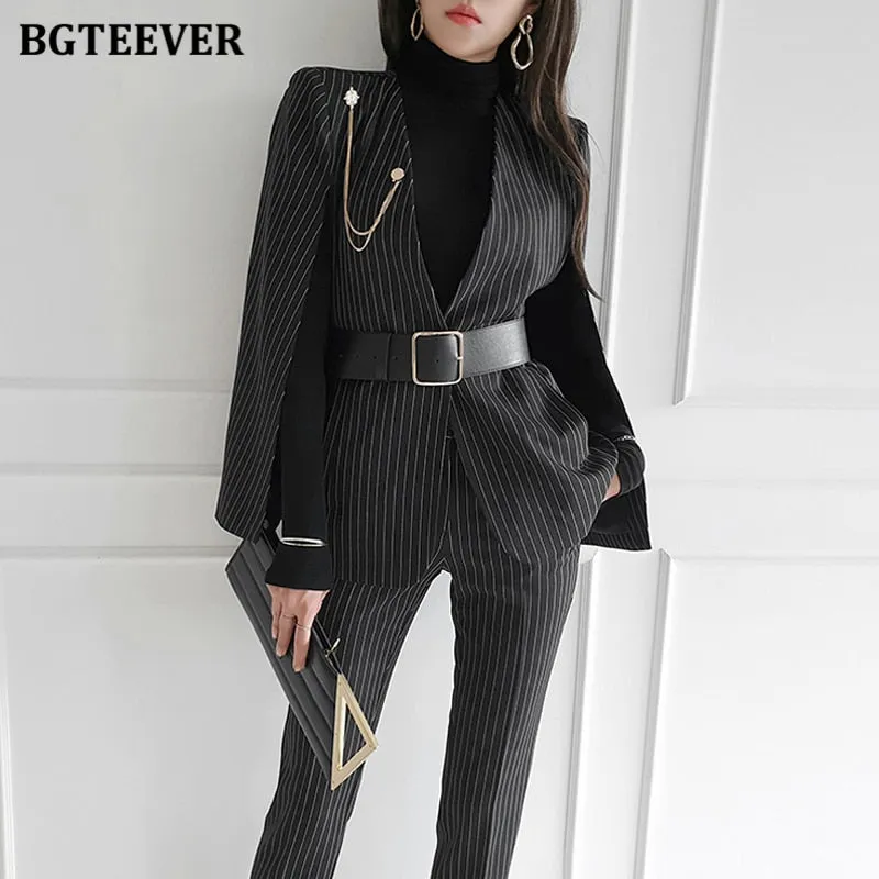 Christmas Gift Joskaa Stylish Women Blazer Set Belted Cloak Jacket & Suit Pants Elegant Female Striped Pant Suit Ladies 2 Pieces Set 2020