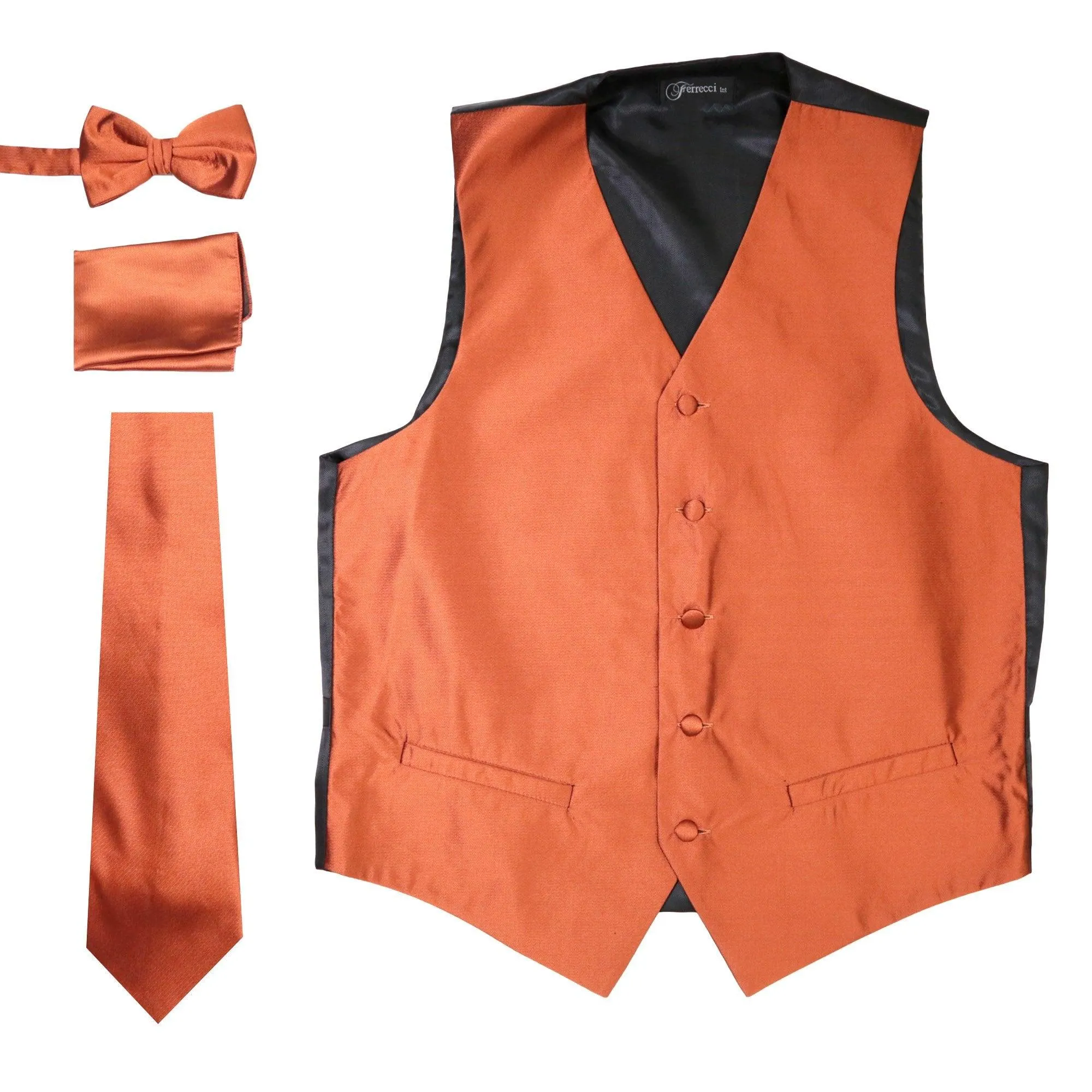 Ferrecci Mens Solid Rust Vest Set Includes Tie Bow Tie Hankie and Vest