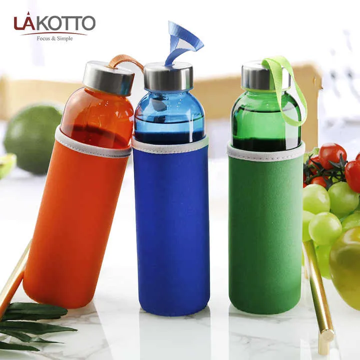 Glass Drinking Bottle Flask 500ml with Cold Sleeve 21127