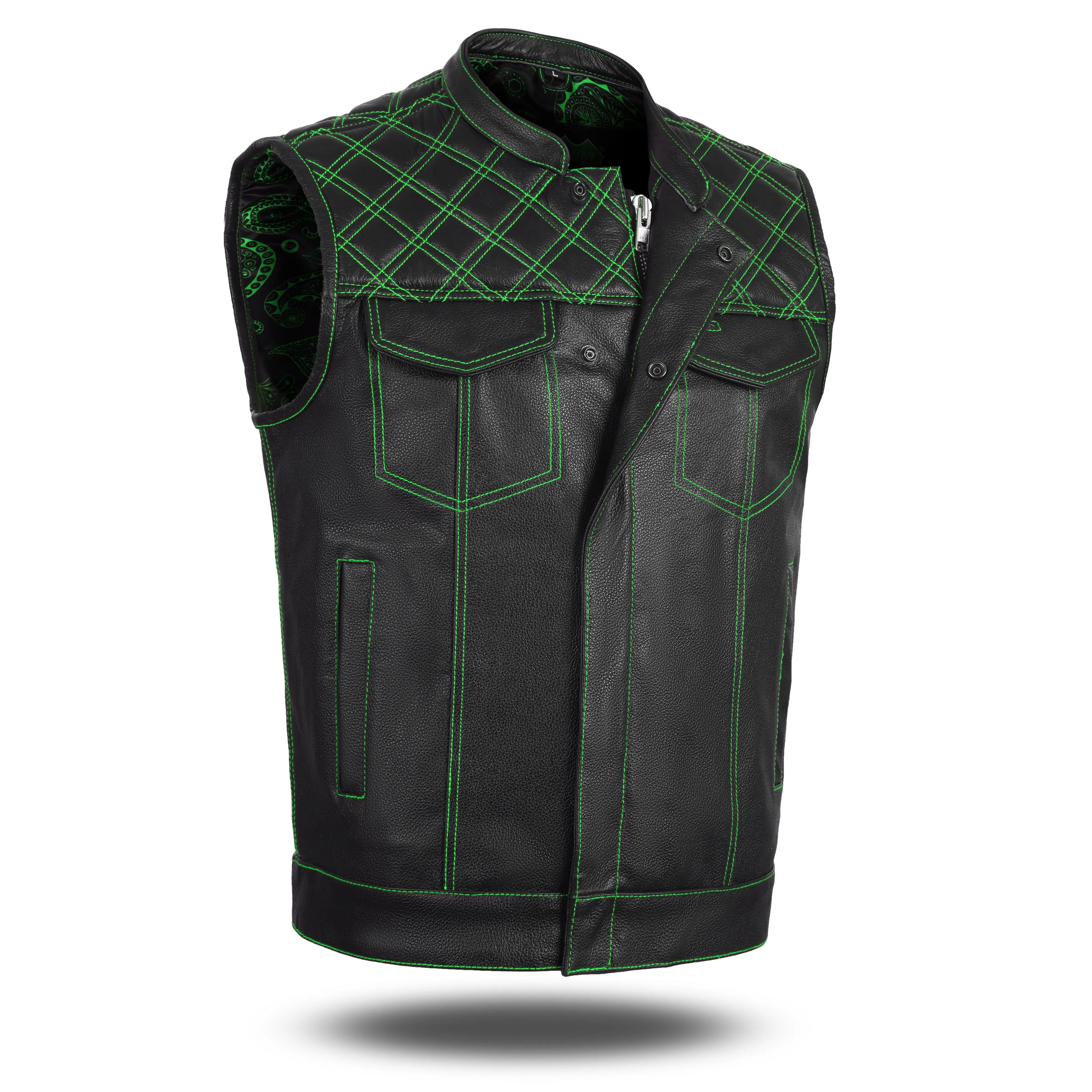 GREEN HL11693SPTGREEN  Black Men Cross Stitch Club Leather Vest