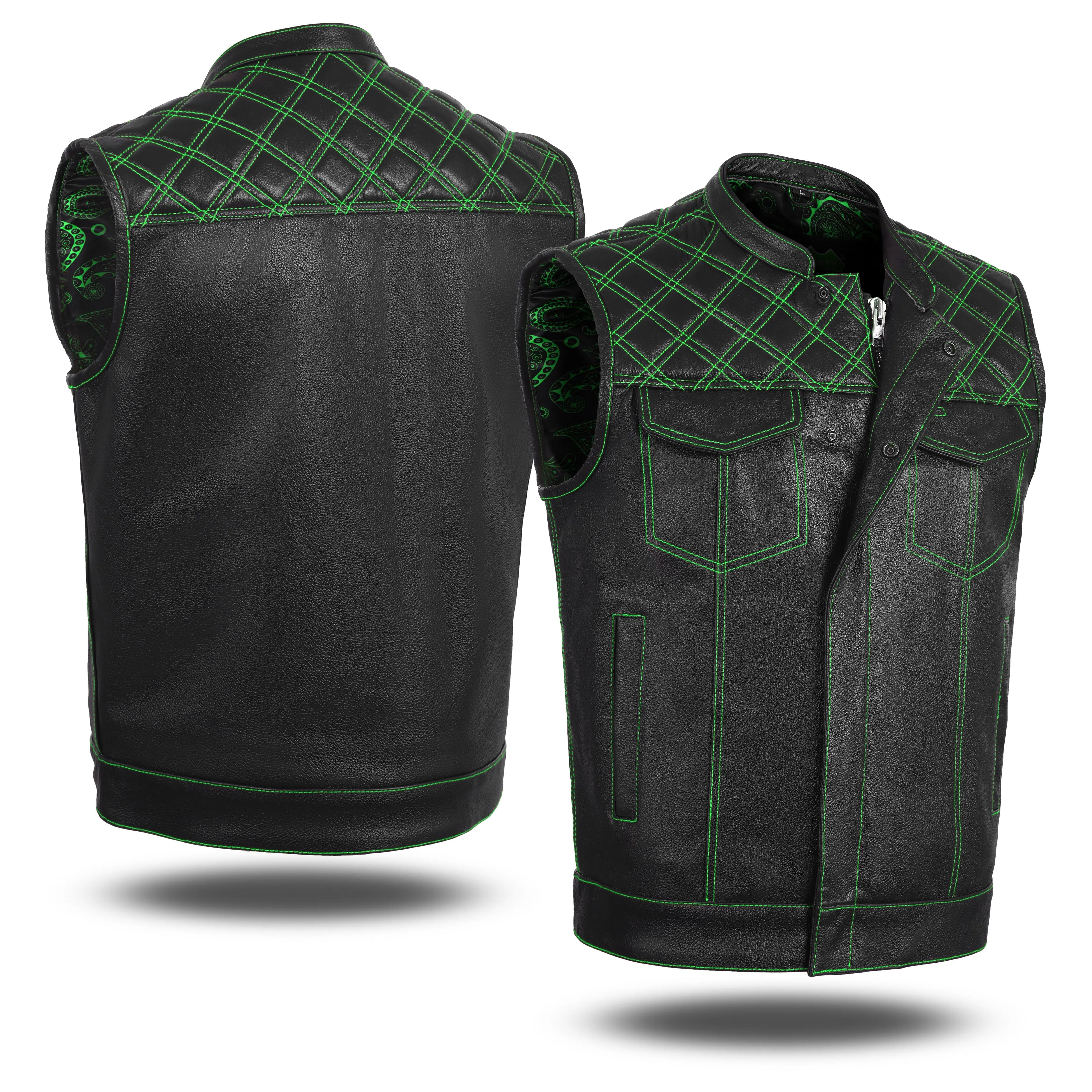 GREEN HL11693SPTGREEN  Black Men Cross Stitch Club Leather Vest