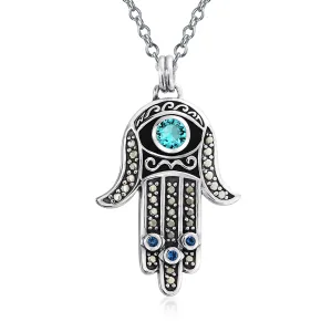 Large Yoga Blue CZ Evil Eye Hamsa Hand Pendant Necklace in Sterling Silver