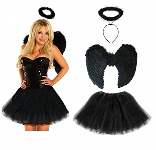 Lizzy Ladies ANIMAL FANCY DRESS TUTU with EARS BOW TAIL SET for Halloween, Hen Party Fancy Outfit Tutu Skirt (Dark Angel Wings Halo Tutu Costume