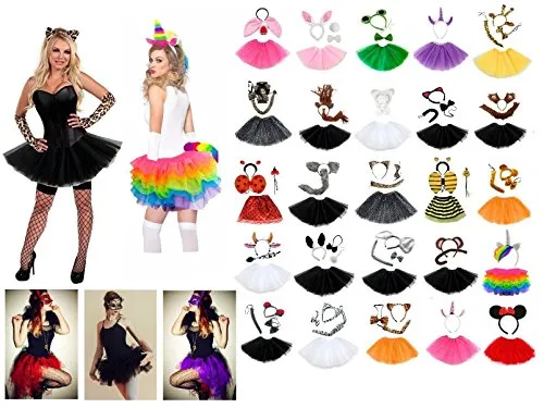 Lizzy Ladies ANIMAL FANCY DRESS TUTU with EARS BOW TAIL SET for Halloween, Hen Party Fancy Outfit Tutu Skirt (Dark Angel Wings Halo Tutu Costume