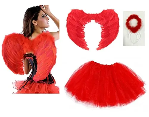 Lizzy Ladies ANIMAL FANCY DRESS TUTU with EARS BOW TAIL SET for Halloween, Hen Party Fancy Outfit Tutu Skirt (Dark Angel Wings Halo Tutu Costume