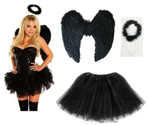 Lizzy Ladies ANIMAL FANCY DRESS TUTU with EARS BOW TAIL SET for Halloween, Hen Party Fancy Outfit Tutu Skirt (Dark Angel Wings Halo Tutu Costume