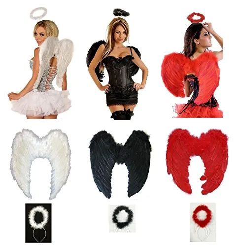 Lizzy Ladies ANIMAL FANCY DRESS TUTU with EARS BOW TAIL SET for Halloween, Hen Party Fancy Outfit Tutu Skirt (Dark Angel Wings Halo Tutu Costume