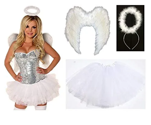 Lizzy Ladies ANIMAL FANCY DRESS TUTU with EARS BOW TAIL SET for Halloween, Hen Party Fancy Outfit Tutu Skirt (Dark Angel Wings Halo Tutu Costume