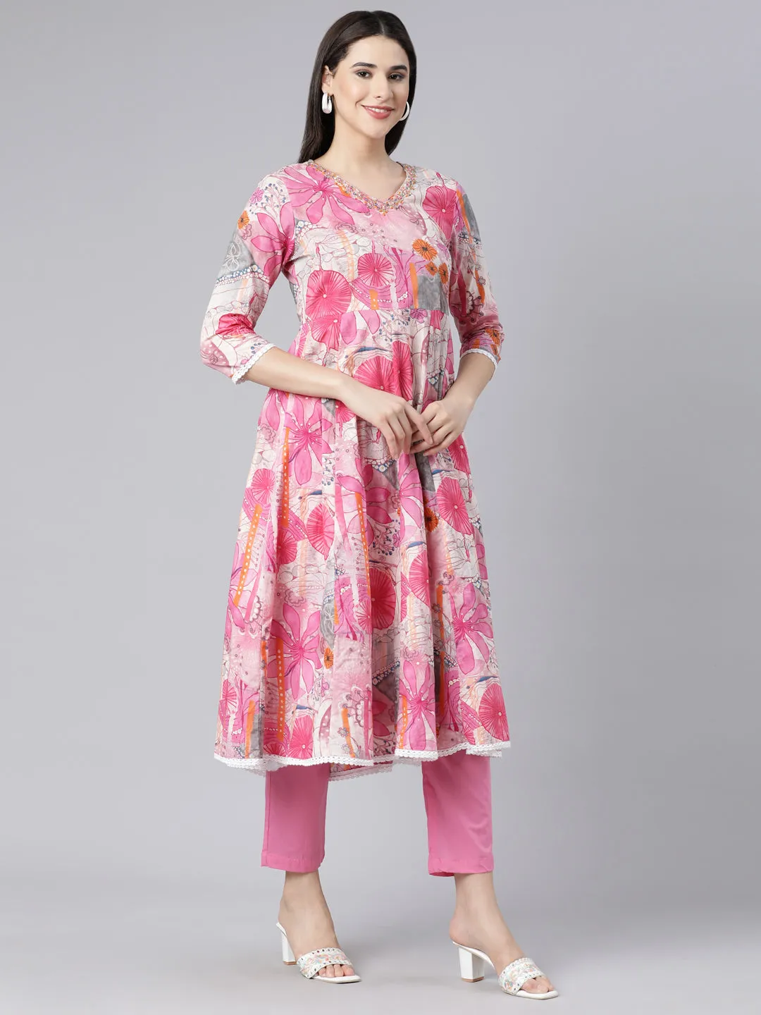 Neerus Pink Panelled Printed Kurta And Trousers With Dupatta