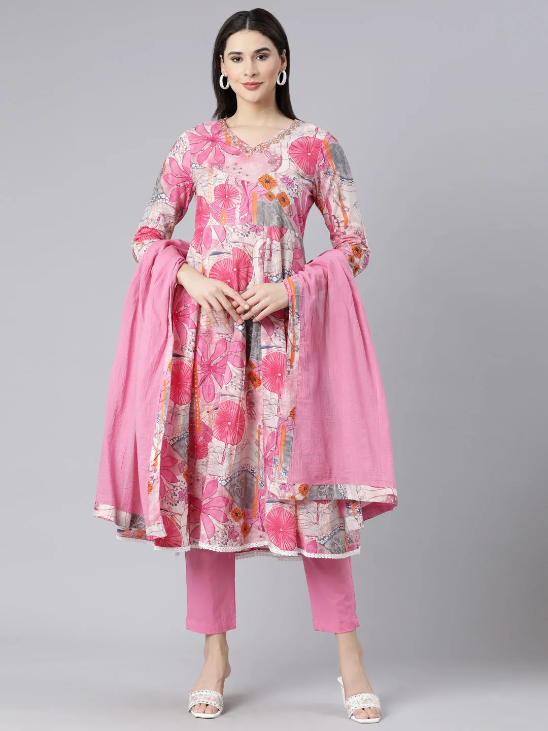 Neerus Pink Panelled Printed Kurta And Trousers With Dupatta