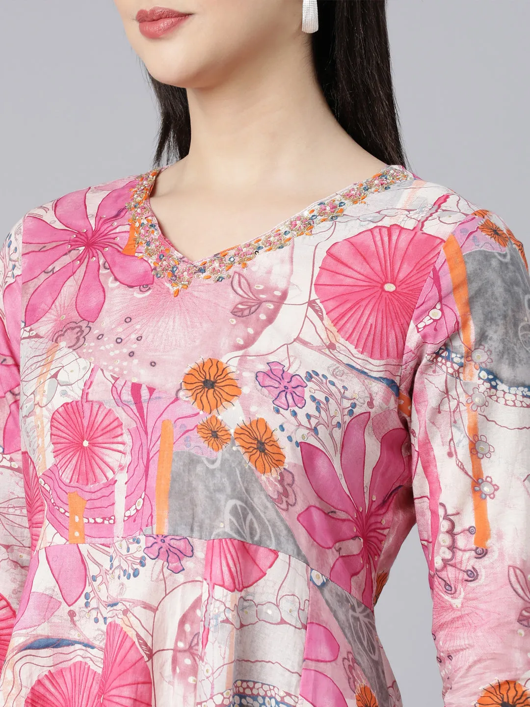 Neerus Pink Panelled Printed Kurta And Trousers With Dupatta