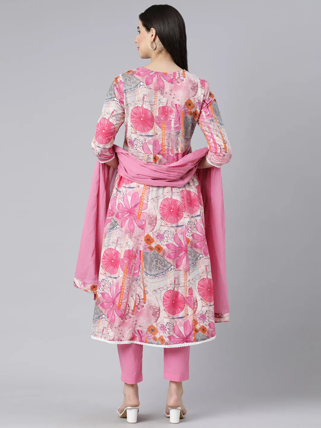 Neerus Pink Panelled Printed Kurta And Trousers With Dupatta