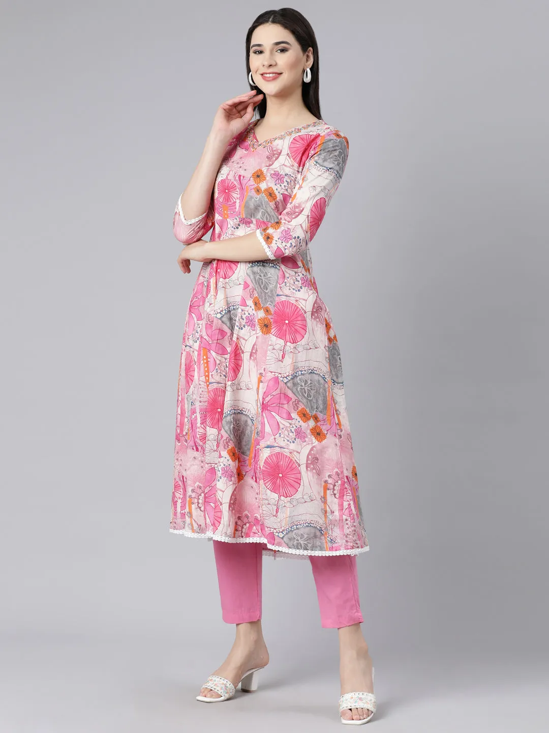 Neerus Pink Panelled Printed Kurta And Trousers With Dupatta