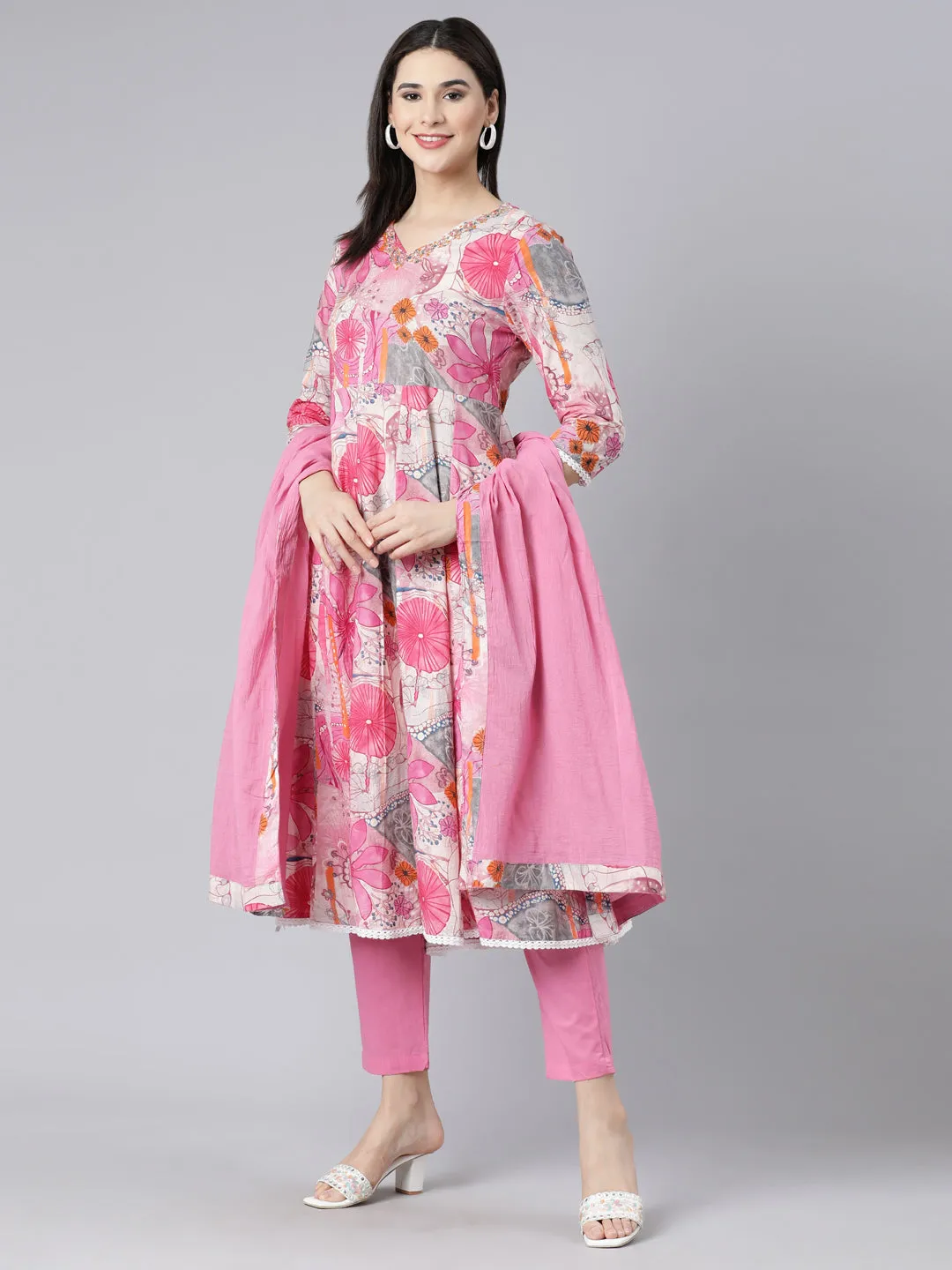 Neerus Pink Panelled Printed Kurta And Trousers With Dupatta