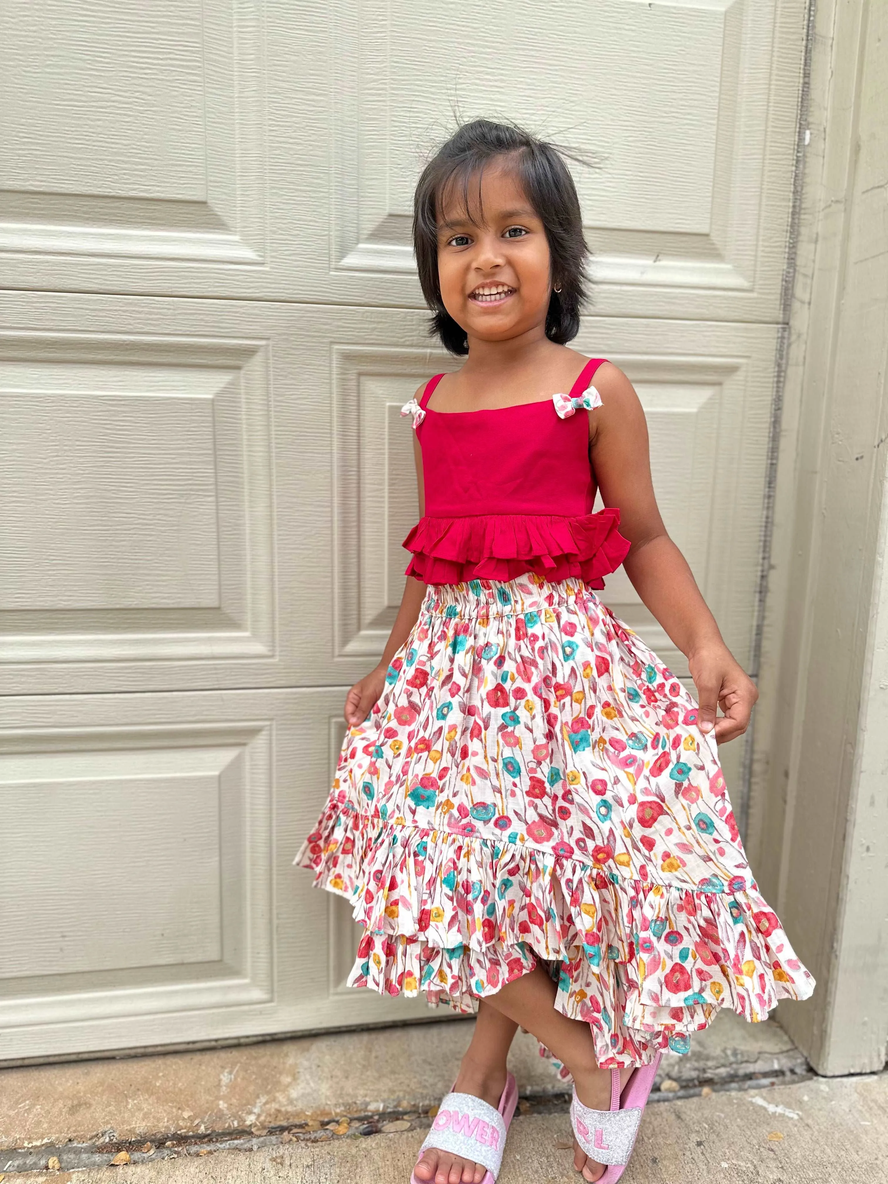 Rayon Spaghetti Crop Top With Ruffles | 2 Layers High Low Skirt | 3-4 Yrs