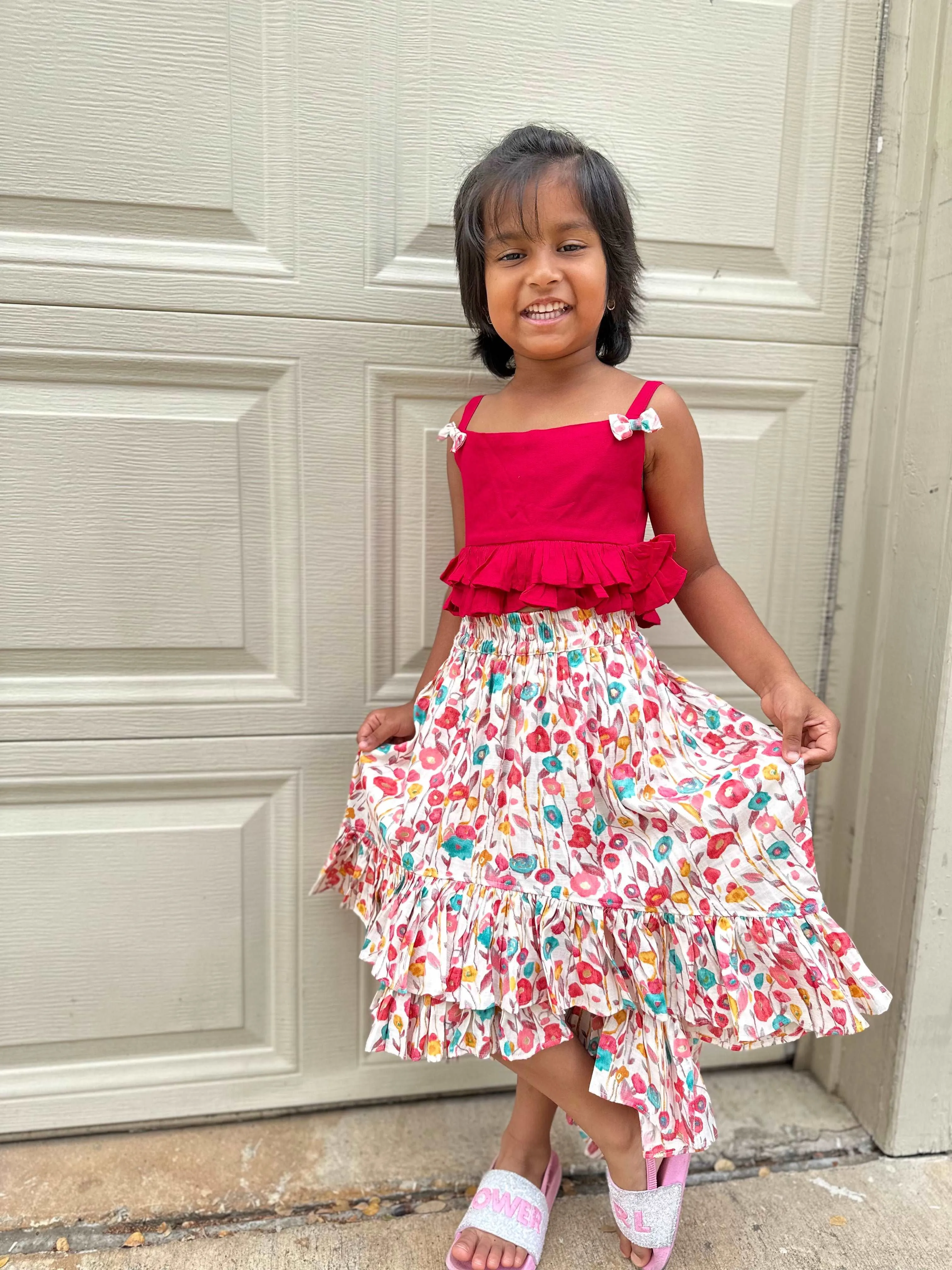 Rayon Spaghetti Crop Top With Ruffles | 2 Layers High Low Skirt | 3-4 Yrs