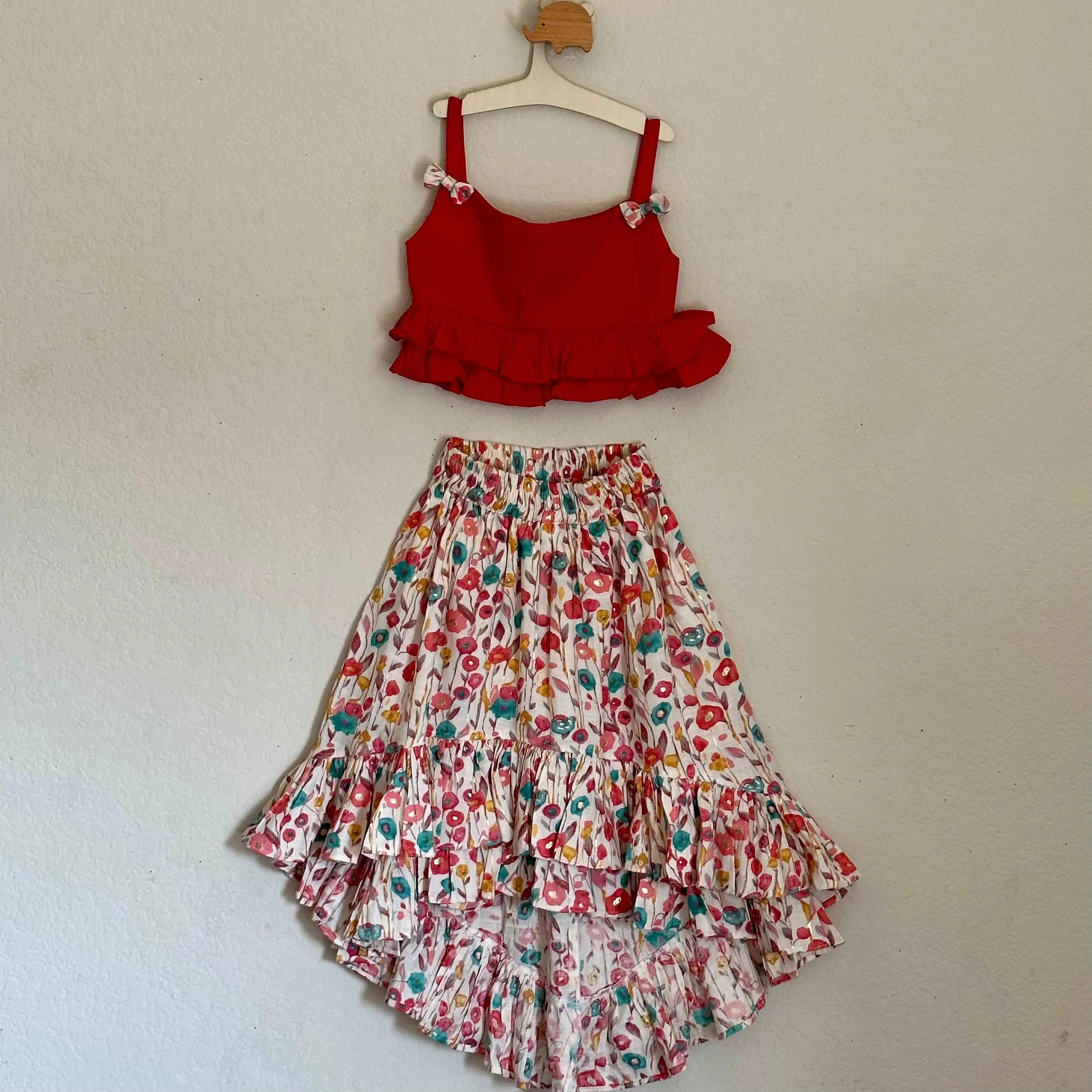 Rayon Spaghetti Crop Top With Ruffles | 2 Layers High Low Skirt | 3-4 Yrs