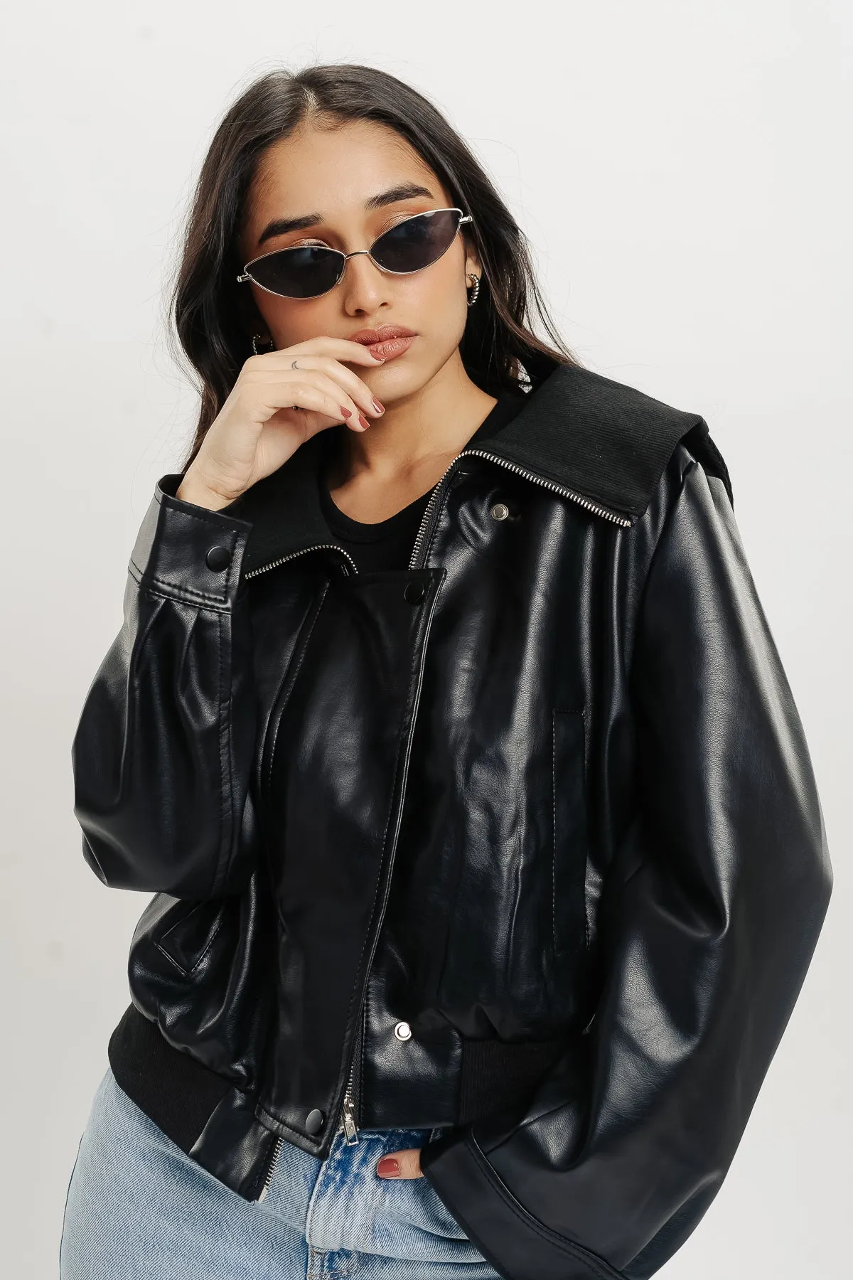 Ribbed Collar - Biker Leather Jacket