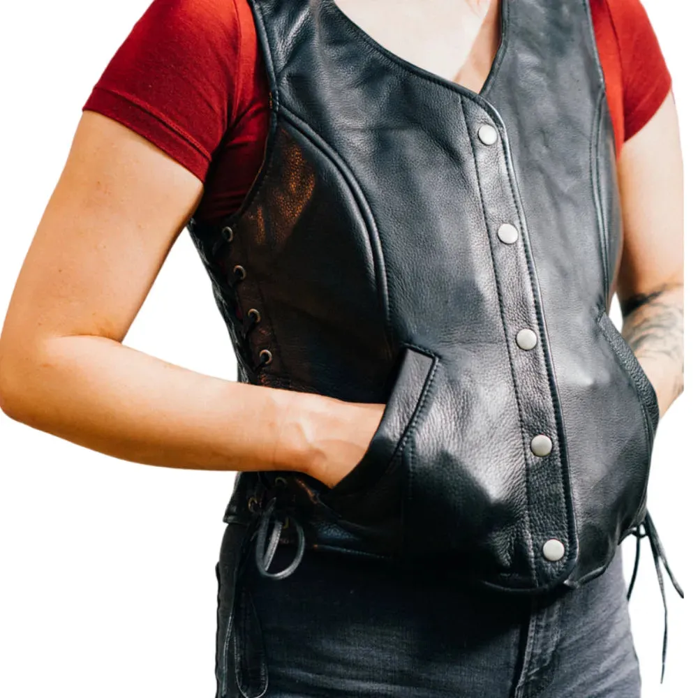 Womens Black Button Front Leather Vest